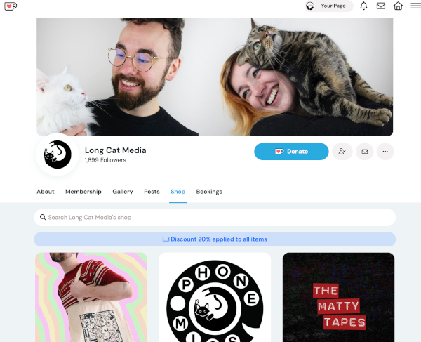 Long Cat Ko Fi Storefront Long Cat Media's Ko-Fi page includes a storefront to sell their podcast merchandise.